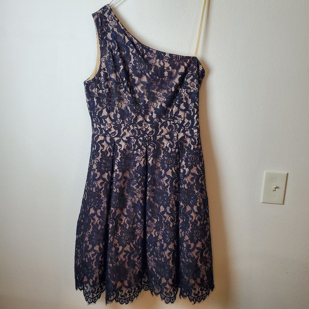 Eliza J. lace dress one shoulder black blue 14 formal wedding bridesmaid
